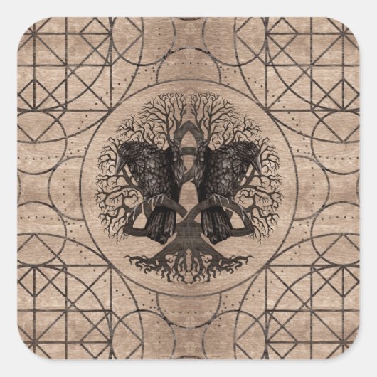 Baum des Lebens - mit Braunholzstruktur Quadratischer Aufkleber (Vorderseite)