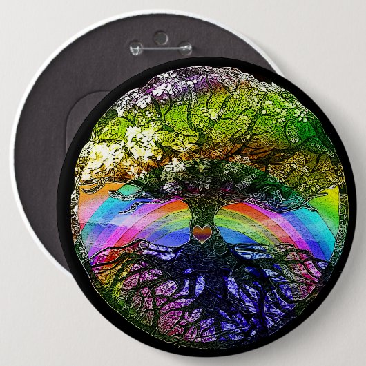 Baum des Lebens mit Regenbogen-Herzen Button (Vorne & Hinten)