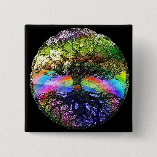Baum des Lebens mit Regenbogen-Herzen Button (Vorderseite)