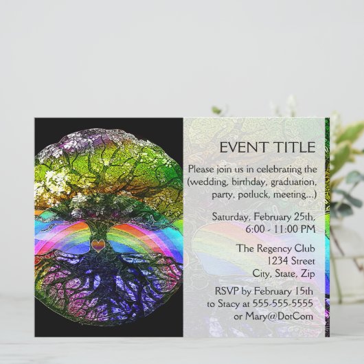 Baum des Lebens mit Regenbogen-Herzen Einladung (Stehend Vorderseite)