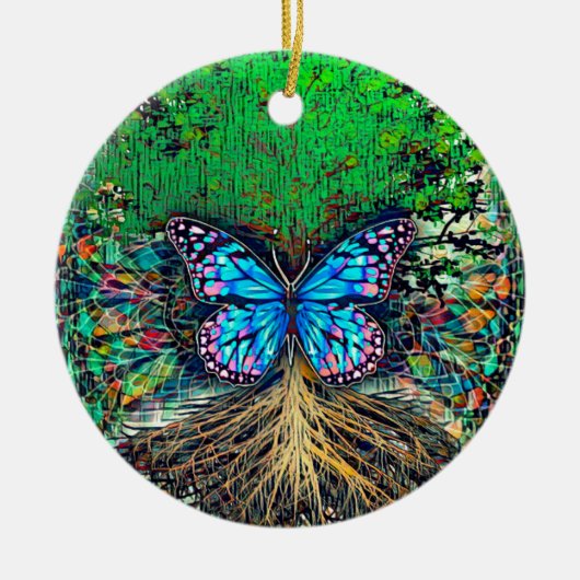 Baum des Lebens mit Schmetterling von Amelia Carri Keramik Ornament (Vorne)