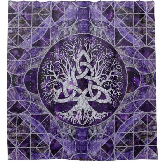 Baum des Lebens mit Triquetra Amethyst und Silber Duschvorhang (Vorderseite)