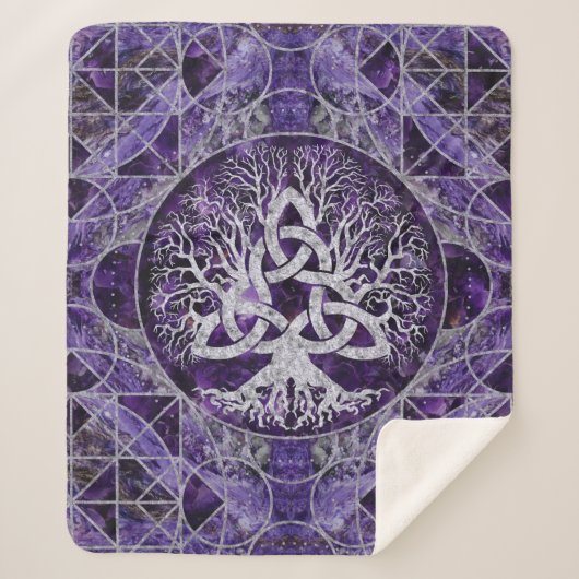 Baum des Lebens mit Triquetra Amethyst und Silber Sherpadecke (Vorderseite)