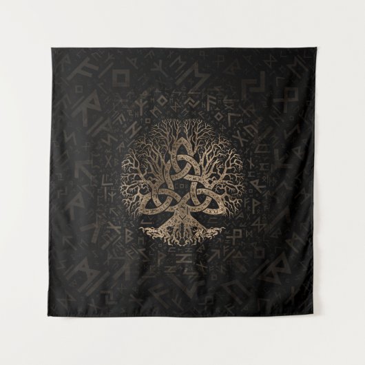 Baum des Lebens mit Triquetra auf Futhark Muster Wandteppich (Vorderseite)