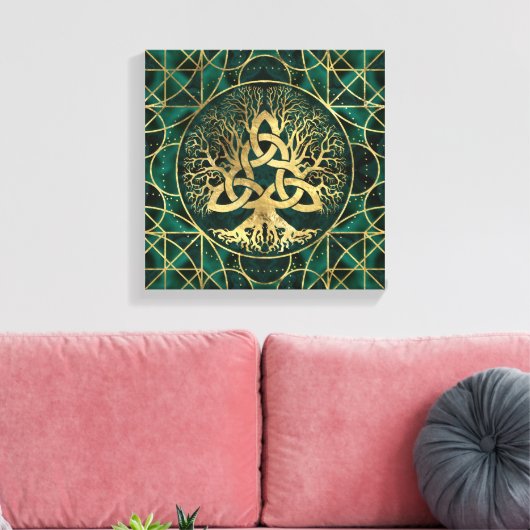 Baum des Lebens mit Triquetra Malachite und Gold Leinwanddruck (Insitu (Wohnzimmer))