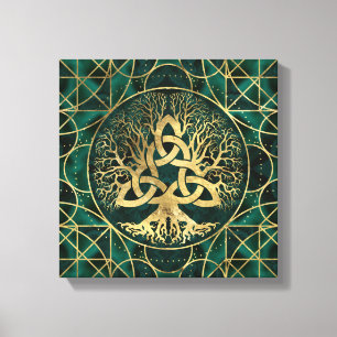 Baum des Lebens mit Triquetra Malachite und Gold Leinwanddruck