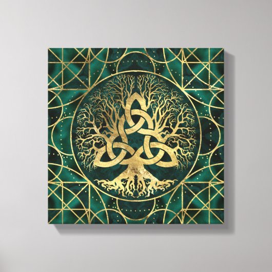 Baum des Lebens mit Triquetra Malachite und Gold Leinwanddruck (Vorderseite)
