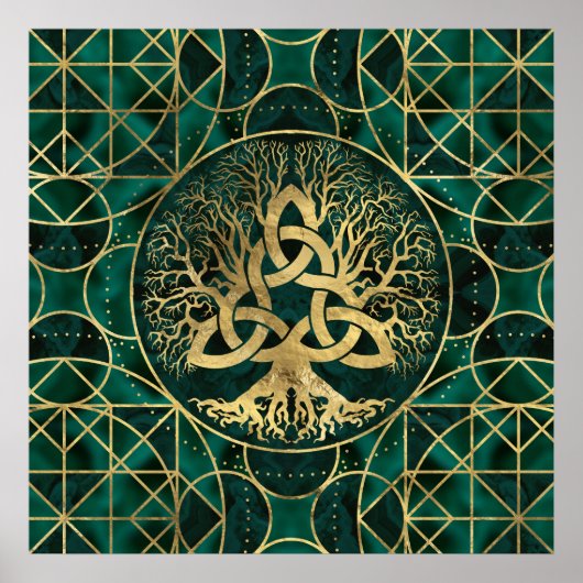 Baum des Lebens mit Triquetra Malachite und Gold Poster (Vorne)