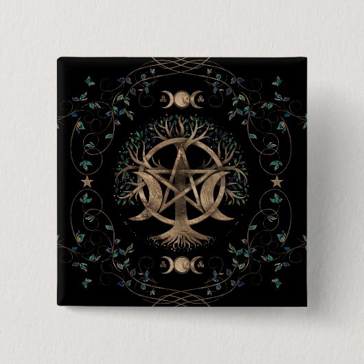 Baum des Lebens Pentagram Mond Ornament Button (Vorderseite)
