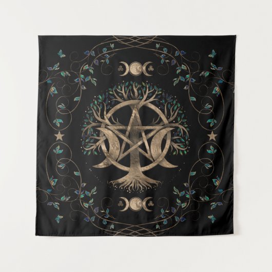 Baum des Lebens Pentagram Mond Ornament Wandteppich (Vorderseite)