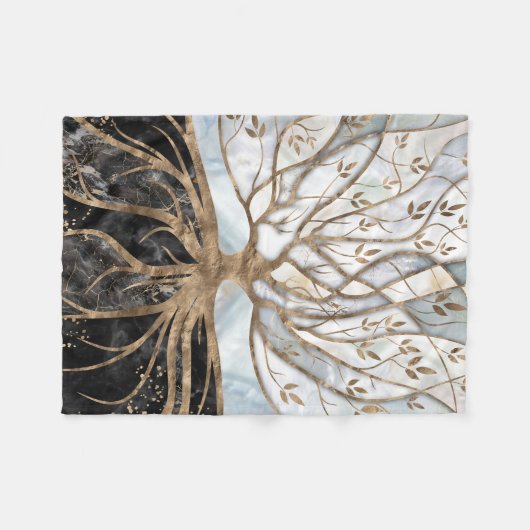 Baum des Lebens - Perle, Gold und schwarzer Marmor Fleecedecke (Vorderseite (Horizontal))