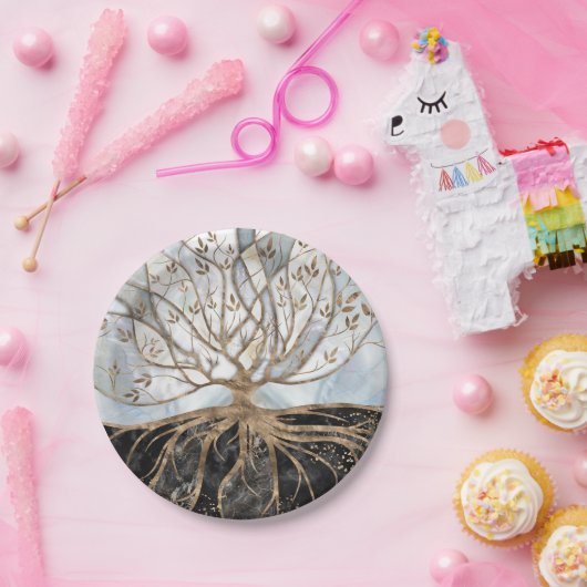 Baum des Lebens - Perle, Gold und schwarzer Marmor Pappteller (Party)