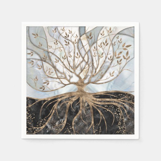 Baum des Lebens - Perle, Gold und schwarzer Marmor Serviette (Vorderseite)