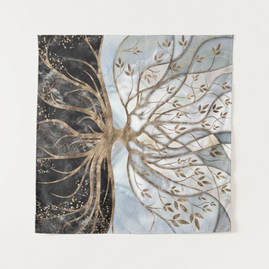 Baum des Lebens - Perle, Gold und schwarzer Marmor Wandteppich (Vorderseite (Horizontal))