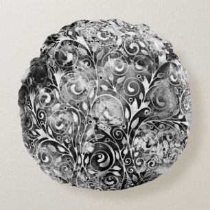 Baum des Lebens - Spiralen Blätter Grunge Stil 1 Rundes Kissen