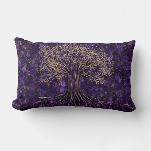 Baum des Lebens - Yggdrasil Amethyst und Gold Lendenkissen (Vorderseite)