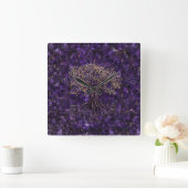 Baum des Lebens - Yggdrasil Amethyst und Gold Quadratische Wanduhr (Zuhause)