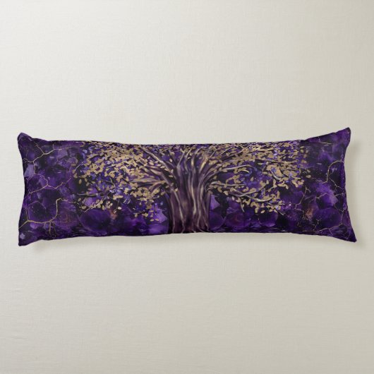 Baum des Lebens - Yggdrasil Amethyst und Gold Seitenschläferkissen (Rückseite)