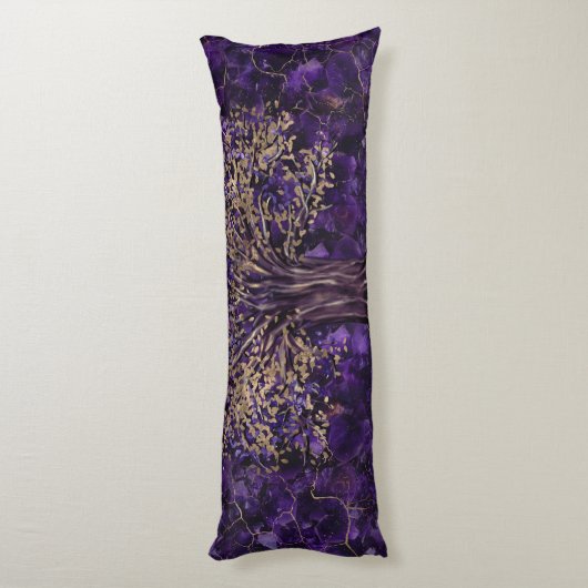 Baum des Lebens - Yggdrasil Amethyst und Gold Seitenschläferkissen (Rückseite (Vertikal))