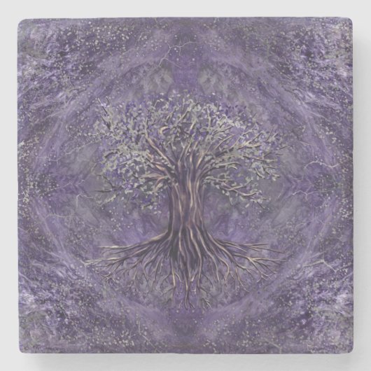 Baum des Lebens - Yggdrasil Amethyst und Silber Steinuntersetzer (Vorderseite)