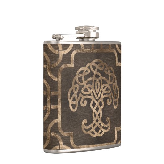 Baum des Lebens - Yggdrasil auf keltischem Muster Flachmann (Rechts)