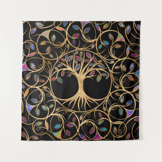 Baum des Lebens - Yggdrasil - farbenfrohe Blätter Wandteppich (Vorderseite)