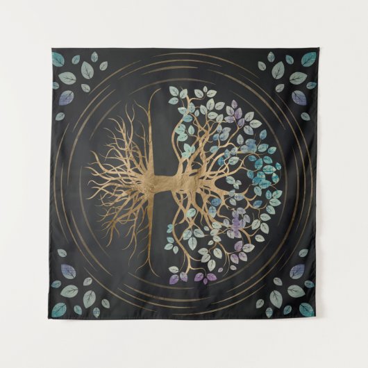 Baum des Lebens - Yggdrasil - Gold u. malte Wandteppich (Vorderseite (Horizontal))