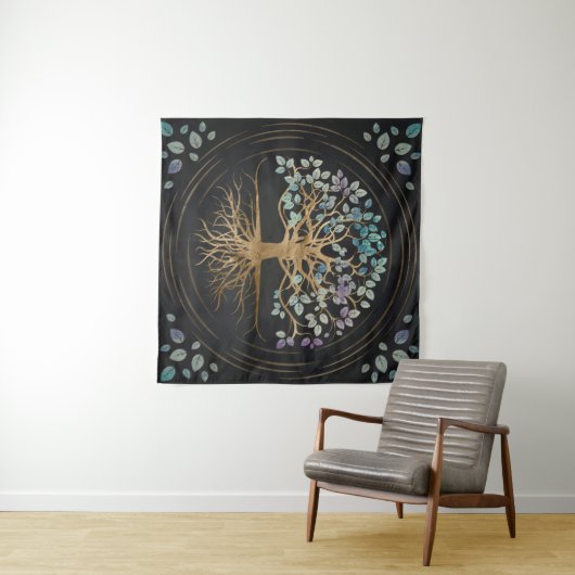 Baum des Lebens - Yggdrasil - Gold u. malte Wandteppich (Beispiel (Horizontal))