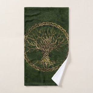 Baum des Lebens - Yggdrasil -grün und Gold Badhandtuch Set