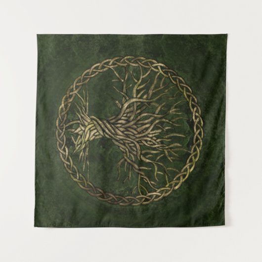 Baum des Lebens - Yggdrasil -grün und Gold Wandteppich (Vorderseite (Horizontal))