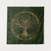 Baum des Lebens - Yggdrasil -grün und Gold Wandteppich (Vorderseite)