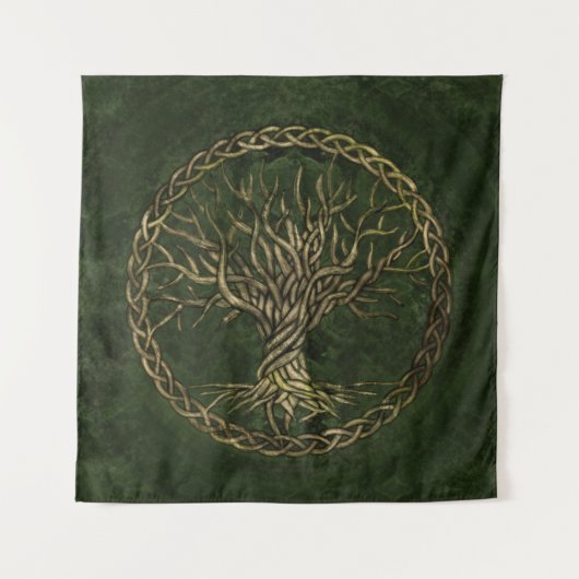 Baum des Lebens - Yggdrasil -grün und Gold Wandteppich (Vorderseite)