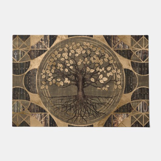 Baum des Lebens - Yggdrasil - Holz und Gold Fußmatte (Vorderseite)