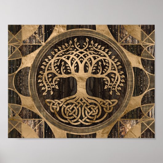 Baum des Lebens - Yggdrasil - Holzbarsche und Gold Poster (Vorne)
