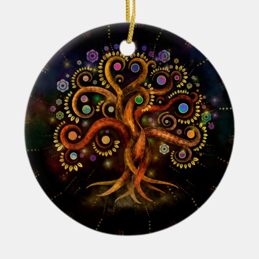 Baum des Lebens - Yggdrasil - Regenbogenwirl Keramik Ornament (Vorne)