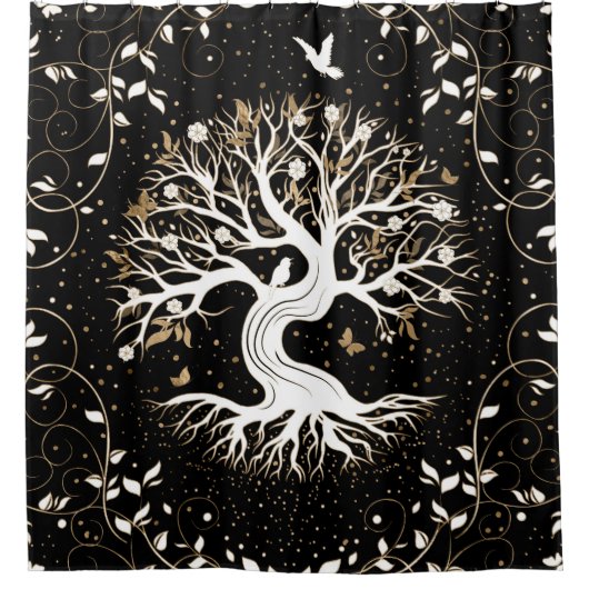 Baum des Lebens - Yggdrasil - Schwarz-weiß und Gol Duschvorhang (Vorderseite)