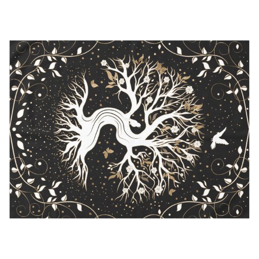 Baum des Lebens - Yggdrasil - Schwarz-weiß und Gol Tischdecke (Vorderseite (Horizontal))