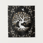 Baum des Lebens - Yggdrasil - Schwarz-weiß und Gol Wandteppich (Vorderseite)