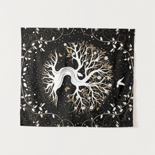 Baum des Lebens - Yggdrasil - Schwarz-weiß und Gol Wandteppich (Vorderseite (Horizontal))