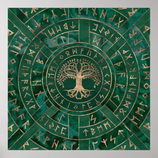 Baum des Lebens - Yggdrasil und Futhark - Malachit Poster (Vorne)