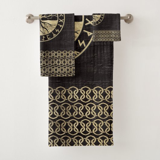 Baum des Lebens - Yggdrasil und Runen auf Holz Badhandtuch Set (Insitu)