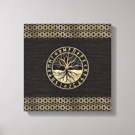 Baum des Lebens - Yggdrasil und Runen auf Holz Leinwanddruck (Vorderseite)