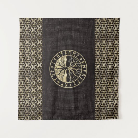 Baum des Lebens - Yggdrasil und Runen auf Holz Wandteppich (Vorderseite (Horizontal))