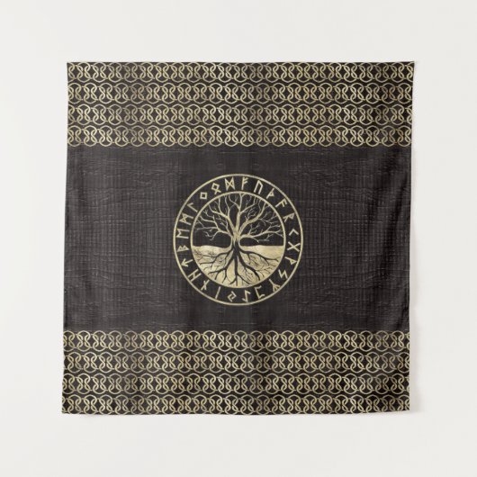 Baum des Lebens - Yggdrasil und Runen auf Holz Wandteppich (Vorderseite)