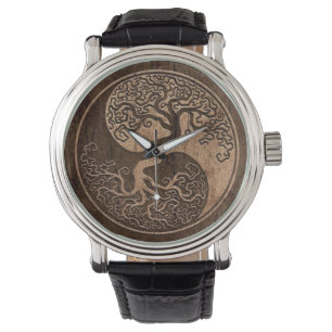 Baum des Lebens Yin Yang mit hölzernem Korn-Effek Armbanduhr