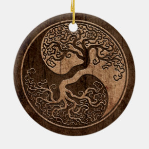 Baum des Lebens Yin Yang mit hölzernem Korn-Effek Keramik Ornament