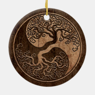 Baum des Lebens Yin Yang mit hölzernem Korn-Effekt Keramik Ornament