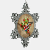 Baum-Frosch, der Costa Rica-Flaggen-Gitarre spielt Schneeflocken Zinn-Ornament (Links)