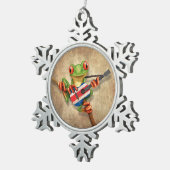 Baum-Frosch, der Costa Rica-Flaggen-Gitarre spielt Schneeflocken Zinn-Ornament (Rechts)