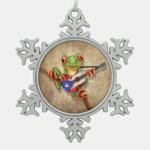 Baum-Frosch, der Puerto- Ricoflaggen-Gitarre Schneeflocken Zinn-Ornament